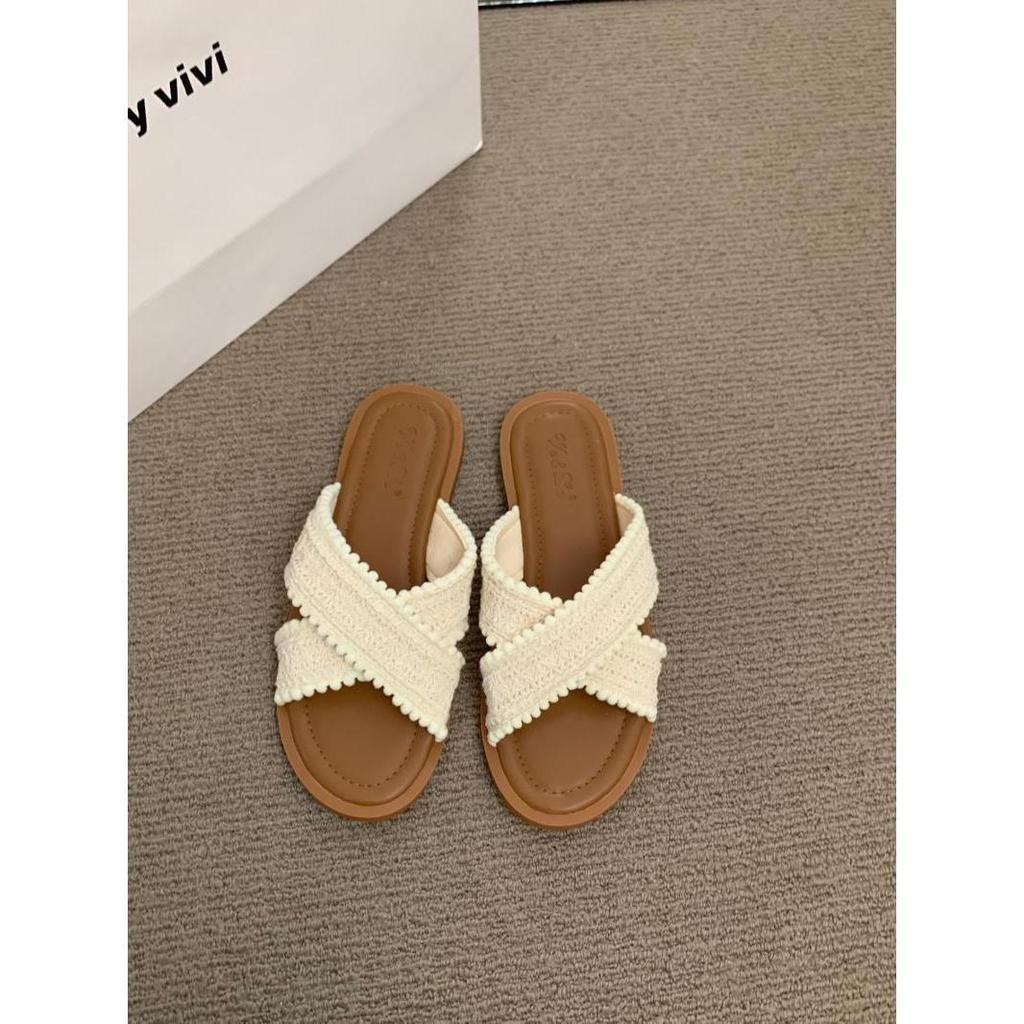 Ретро плетені маленькі круті шльопанці на плоскій підошві, жіноче взуття, літнє взуття 2025, нові літні пляжні сандалі