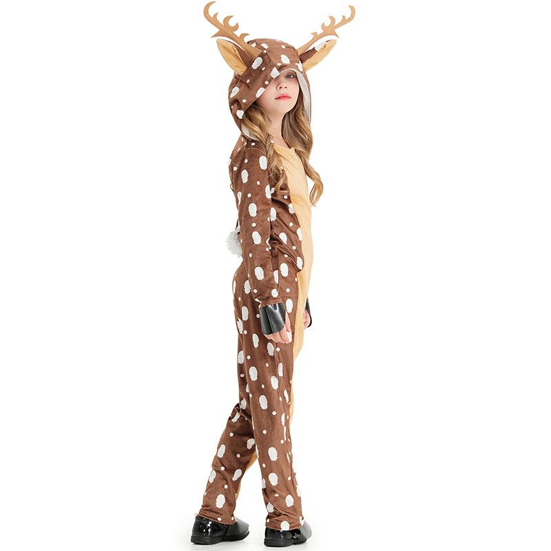 Kids Girls Animals Sika Deer Elk Christmas Reindeer Hooded Jumpsuit Children Halloween Role Play Dress Up Cosplay Costume
