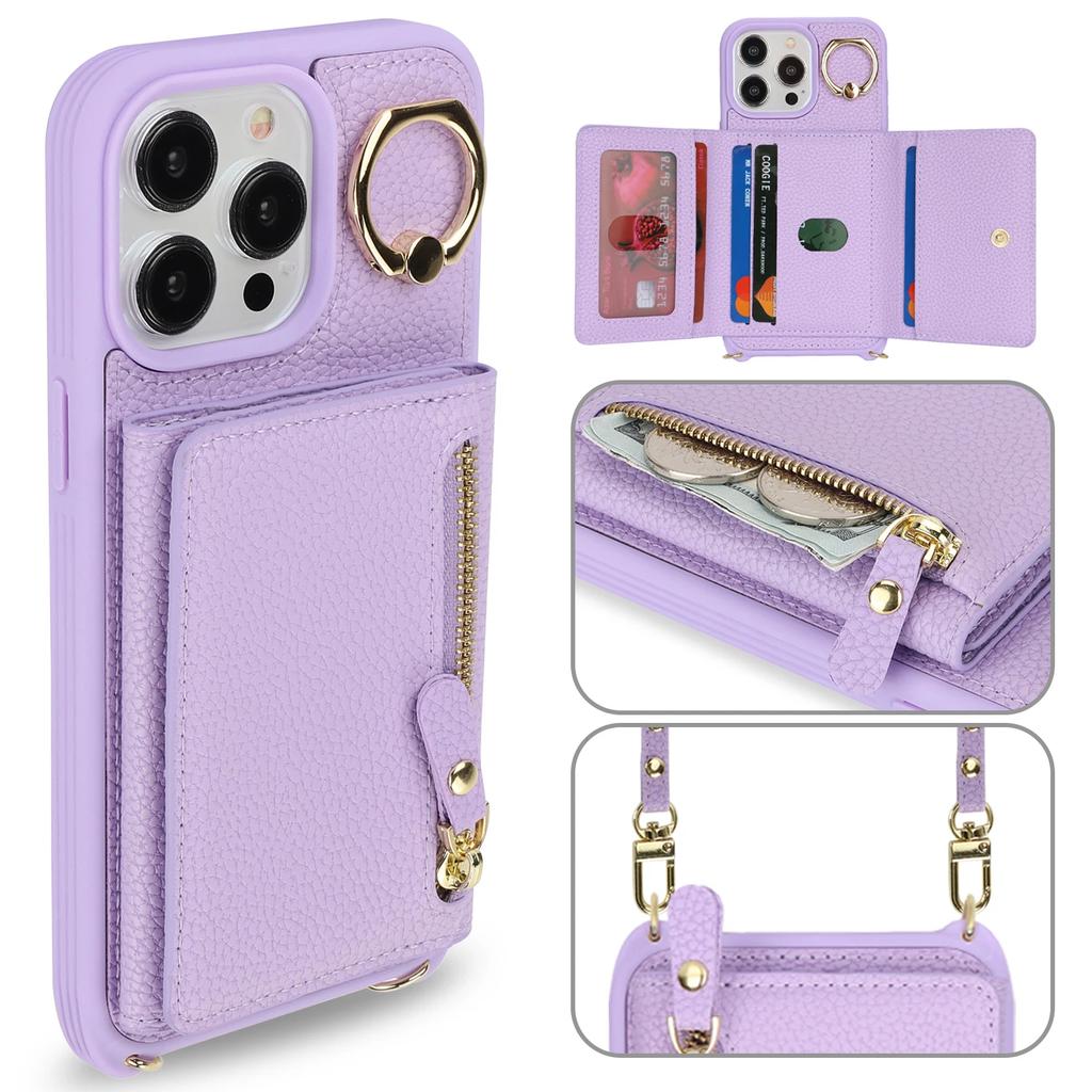 Crossbody Leather Wallet Case For iPhone 15 14 13 12 11 Pro Max XS X XR Protective Cover Ring Holder Zipper Cards Holder Bag