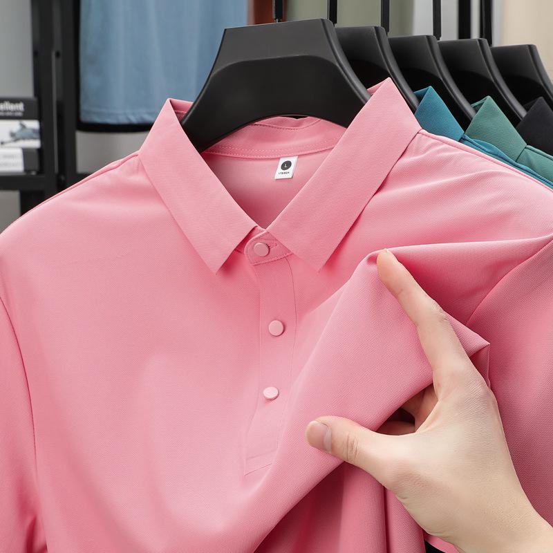 Pánské letní polo tričko z ledového hedvábí - Elastické, nemačkavé, jednobarevné, krátký rukáv, Business Casual s límečkem.