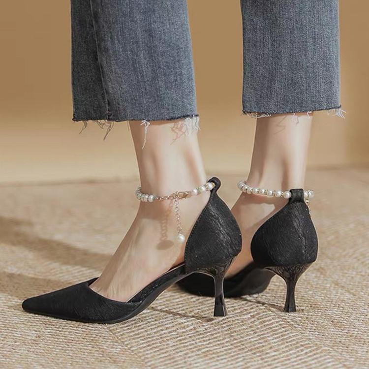 Fashion High Heeled Women's 2025 Spring/summer New Style Fairy Style Pointed Thin Heel Pearl Straight Strap Hollow Toe Sandals