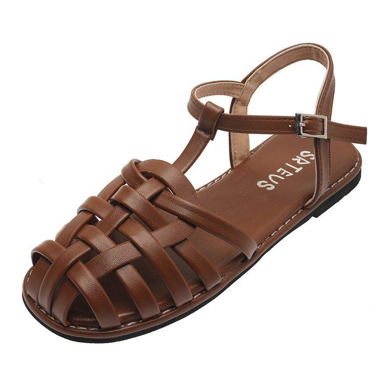 Large Size Sandals Women's 2024 Summer New Flat-bottomed Roman Sandals Woven One-word Buckle Bag Head Sandals Women