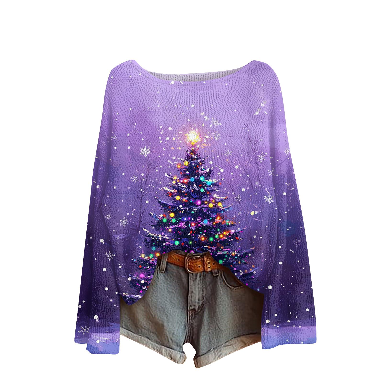 

Женский модный повседневный трикотажный свитер с длинным рукавом и рождественским принтом, круглый вырез L фиолетовый