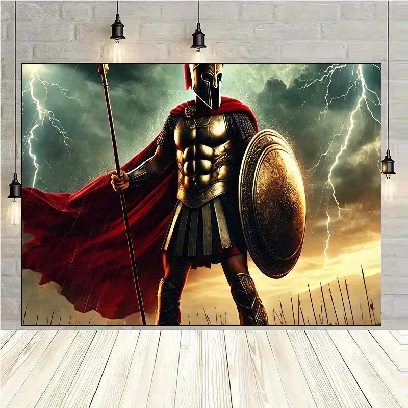 2D Medieval Warrior Backdrop, Spartan Soldier with Spear and Shield Background 47.2x31.5inch/120*80cm