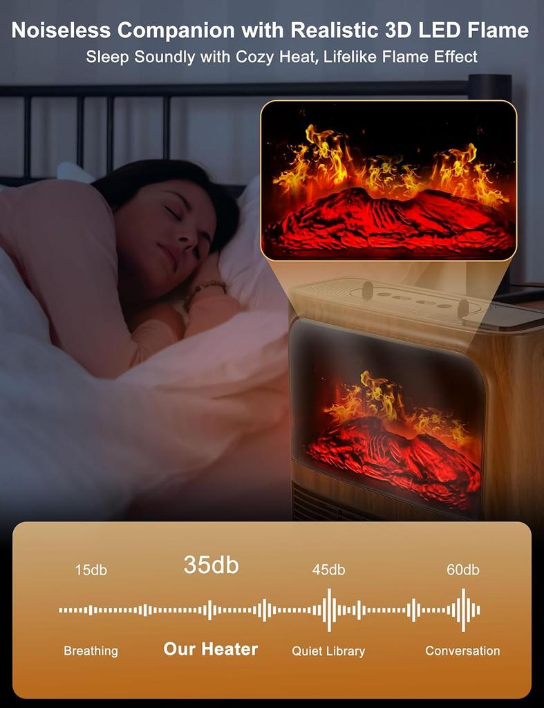 Electric Fireplace Heater 3D Flame, Humidifier, Thermostat, Remote Control, 1500W Portable Space Heater