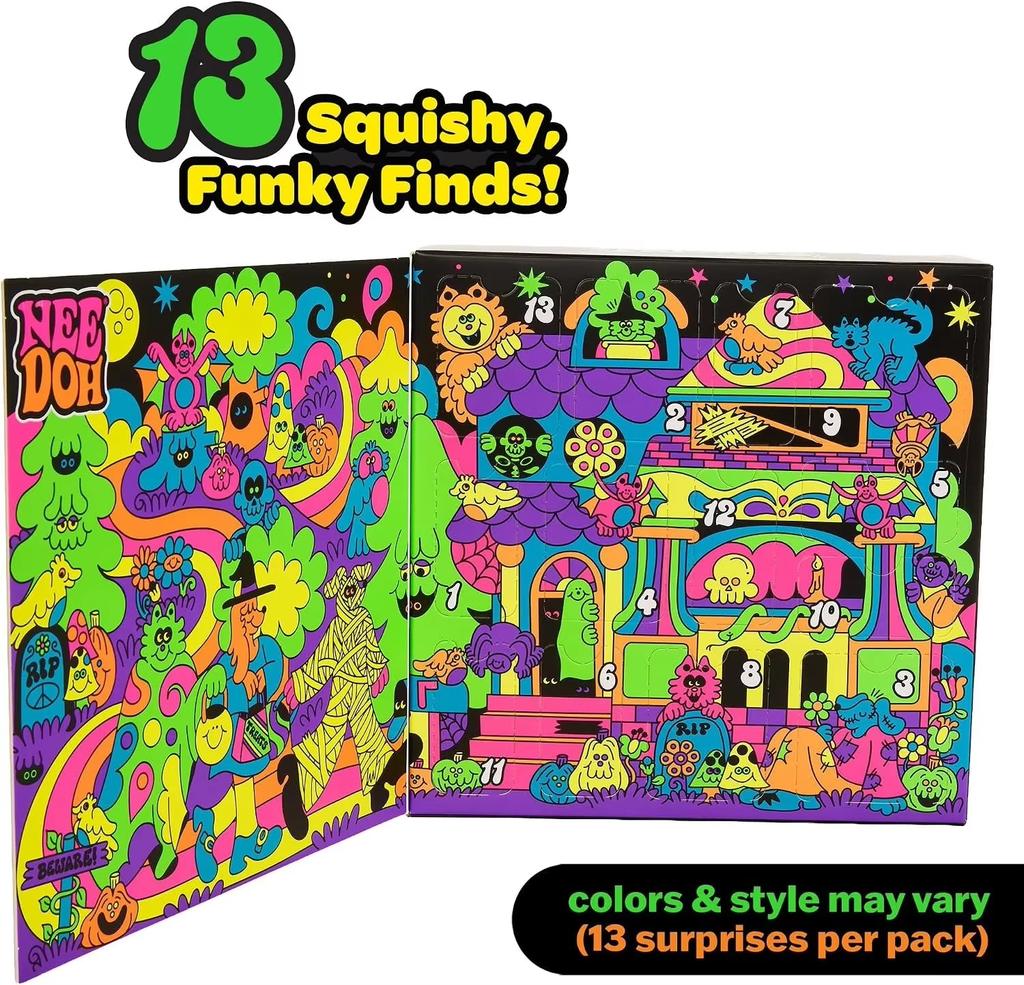 Needoh לוח שנה להרפתקאות ליל כל הקדושים Funky Frights חדש 13 ימים צעצועי סקווישי מפחידים צעצועי הרגעה בהתרוממות איטית ספירה לאחור למבוגרים