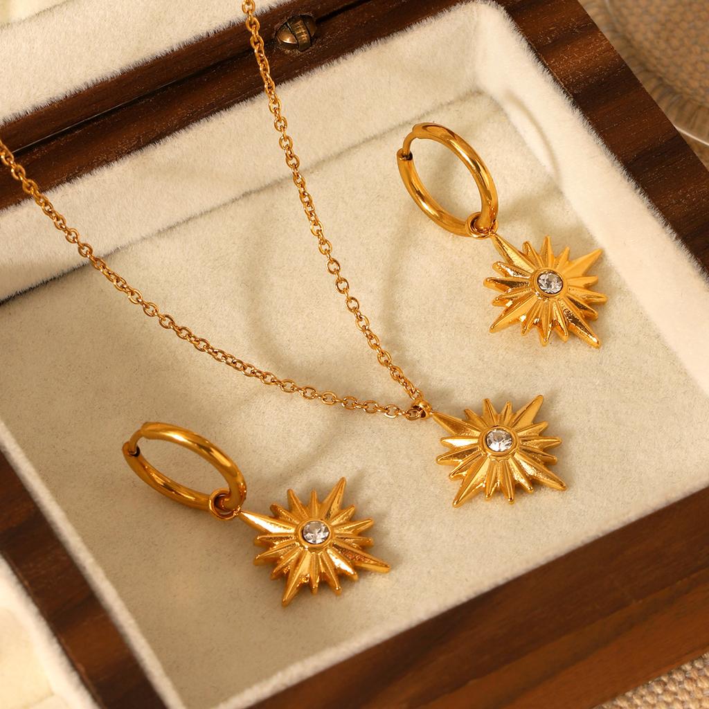 Stylish Titanium Steel Diamond Eight Point Star Necklace And Earrings Set For Women Fashion Jewelry