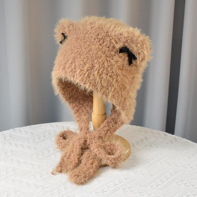 New Cute Cat Ear Hat Bow Plush Hat Winter Ear Protection Cold Warm Hat Versatile Knitted Hat Women's Hat