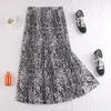 Qooth Summer Mid Length Pleated Skirt Leopard Print Chiffon Skirt Casual Elegant Women Skirts QT120