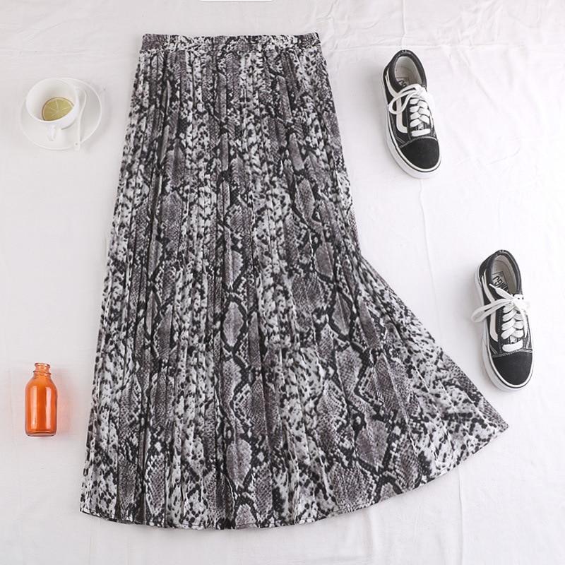 Qooth Summer Mid Length Pleated Skirt Leopard Print Chiffon Skirt Casual Elegant Women Skirts QT120