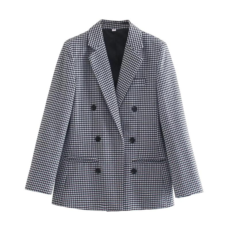 Women Plaid Blazer Autumn Winter Long Sleeve Double Breasted Checked Coat Formal Jacket Suit Lady Outerwear