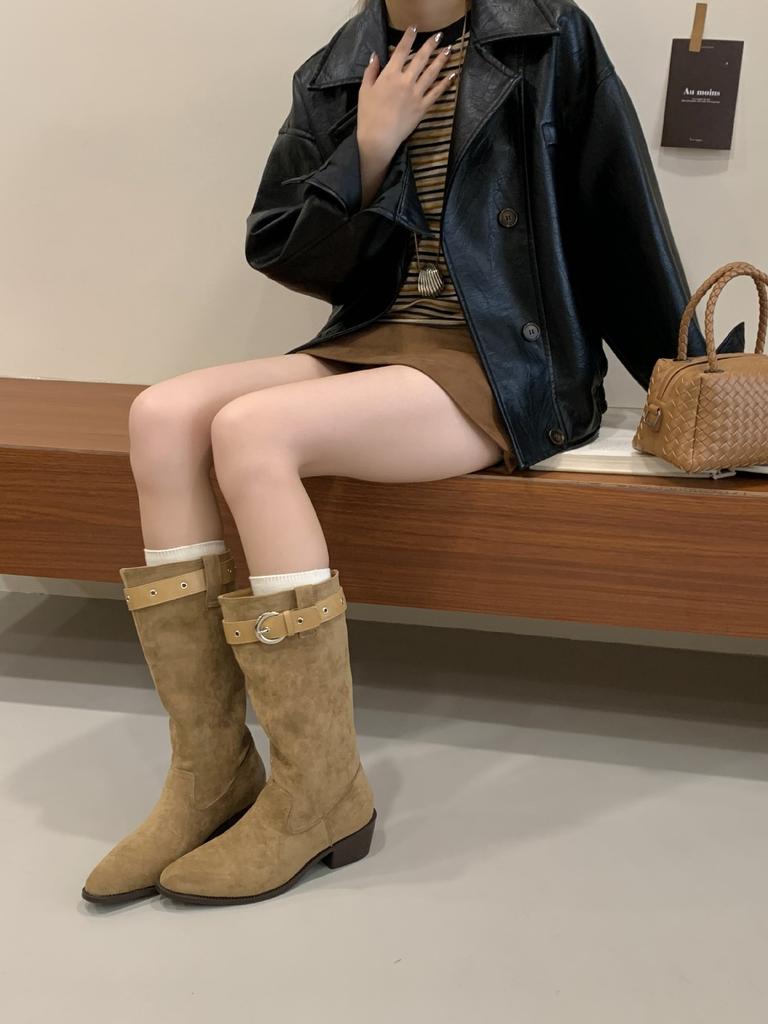 Vintage 2025 autumn and winter new thick heel buckle with western cowboy British style knight boots casual mid boots