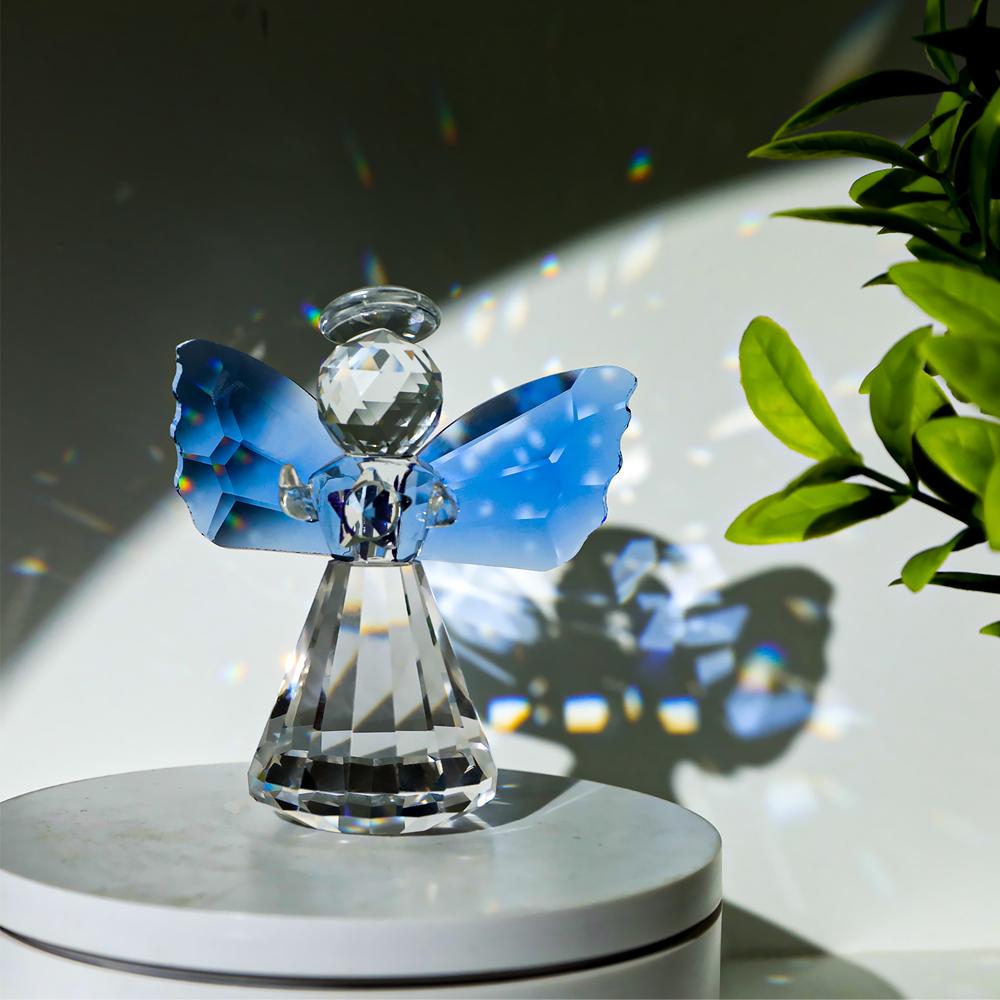 Estatueta Anjo da Guarda de Cristal Colecionável Peso de Papel Vidro Asas Azuis Ornamento de Anjo Estátua Presente de Casamento