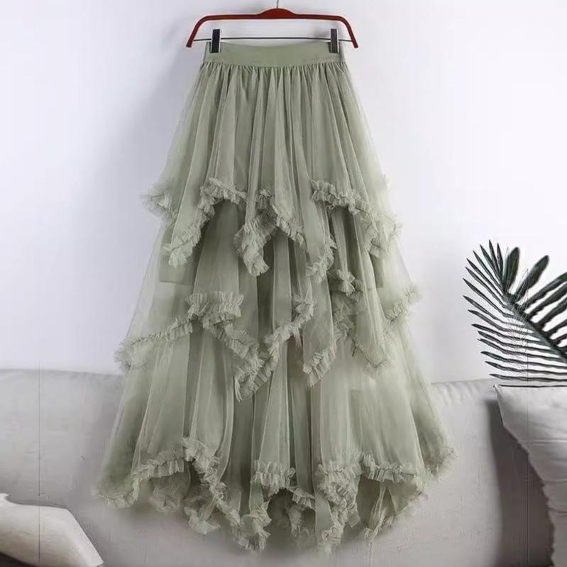 

High-Waist Fluffy A-Line Mesh Skirt for Women One Size