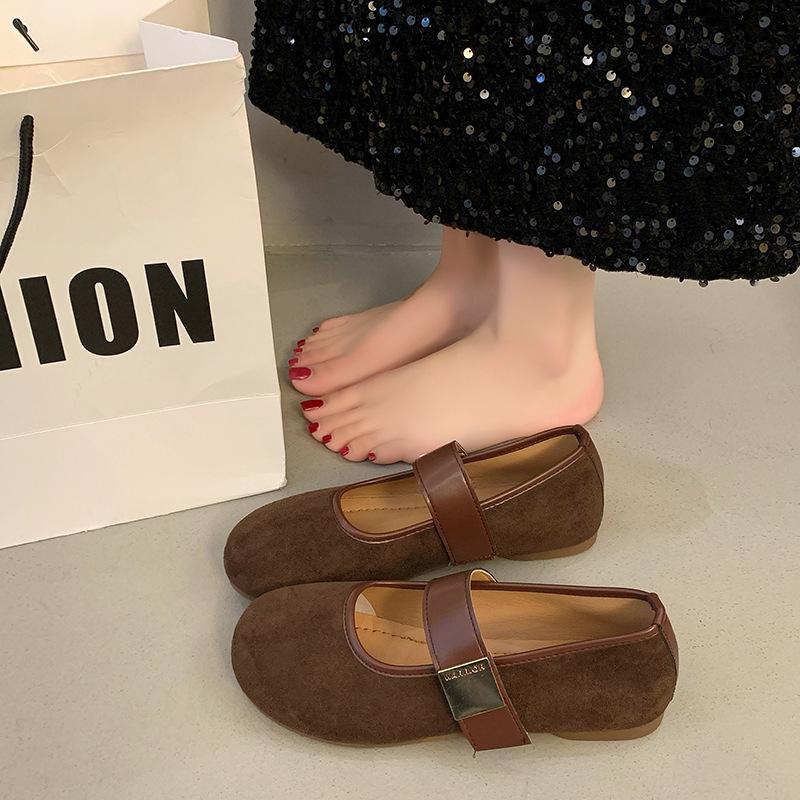 Retro Wildleder Mary Jane Schuhe für Damen 2025 Frühling neu flacher Mund Ein-Wort-Riemen flache Sohle Schuhe mit Rock Oma-Schuhe