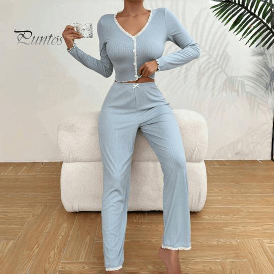 2 Adet/Takım Bahar Kadın Üst Pantolon Takım Uzun Kollu V Yaka Dantel Büzgülü Kenar Kırpılmış Üst Elastik Bel Pantolon Kıyafet Ev Giyim Pijama Takımı