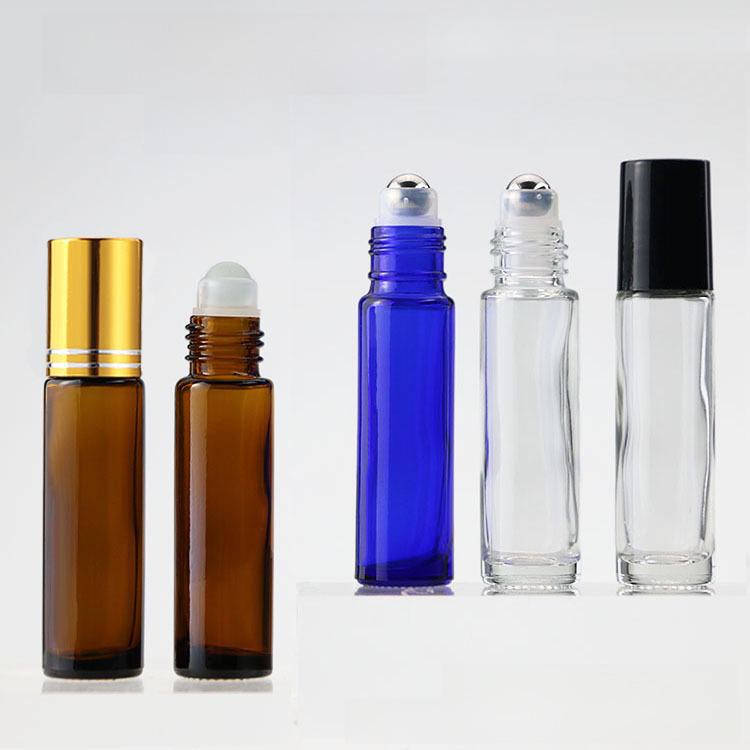 10ml Transparent Blue Glass Roller Bottle for Eye Cream and Essential Oils, with Tea-colored Perfume Roller