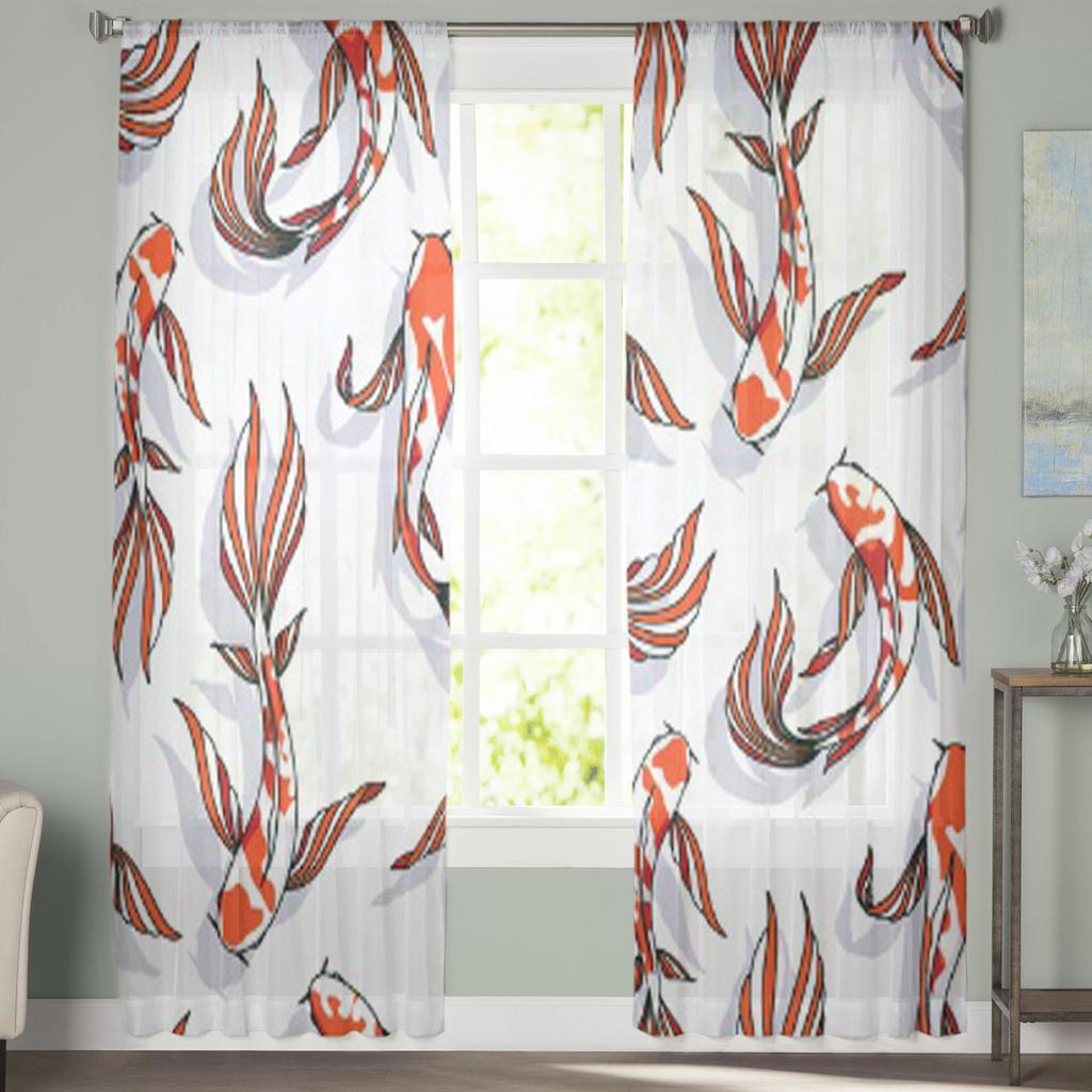 Koi Pattern Animal Fish Texture Sheer Curtain For Living Room Modern Voile Tulle Window Curtains For Bedroom Kitchen Drapes