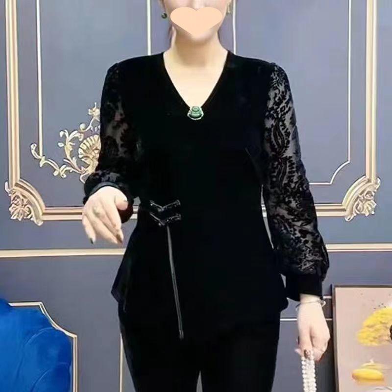 Elderly Mom Base Layer Outerwear Velvet Top Long Sleeve Lace Frog Closure Blouse Slimming Plus Size Side Slit