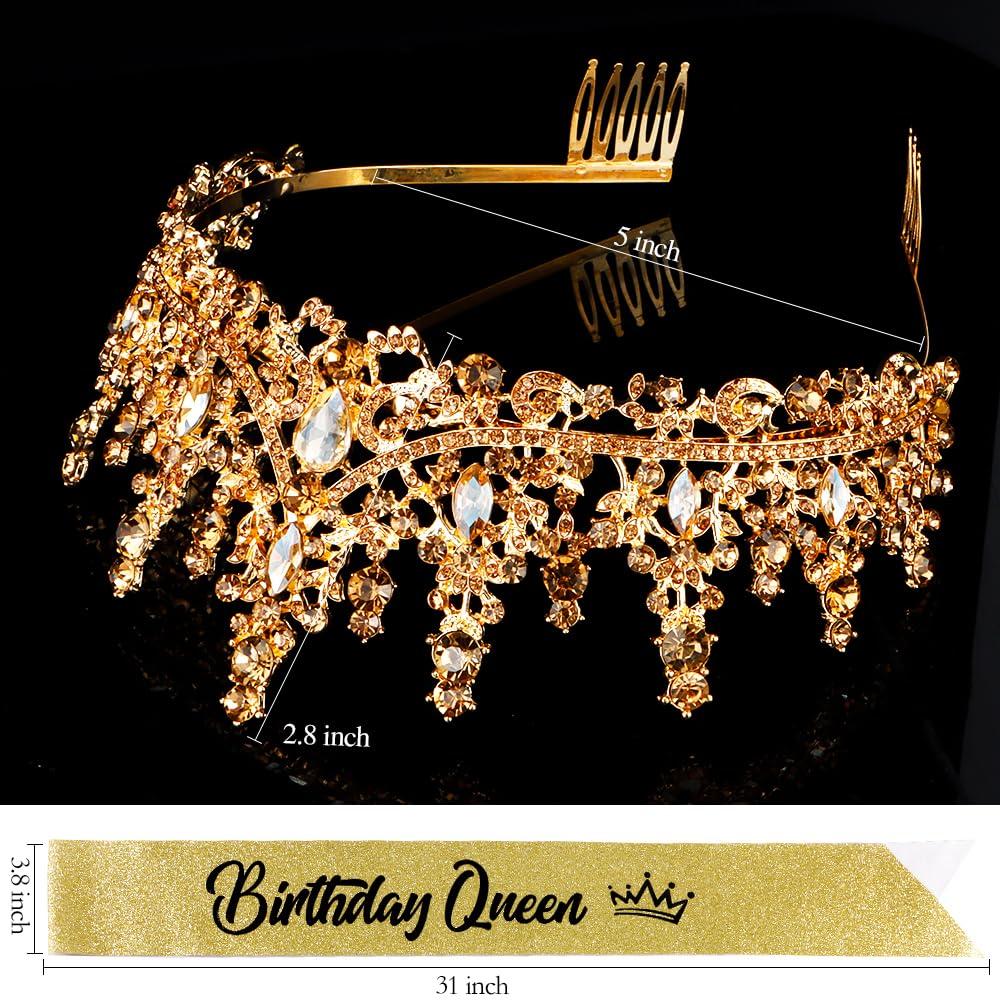 Golden Birthday Queen Sash Tiaras Crowns for Women Girls Crystal Princess Tiara Rhinestone Headbands Quinceanera Happy Birthday