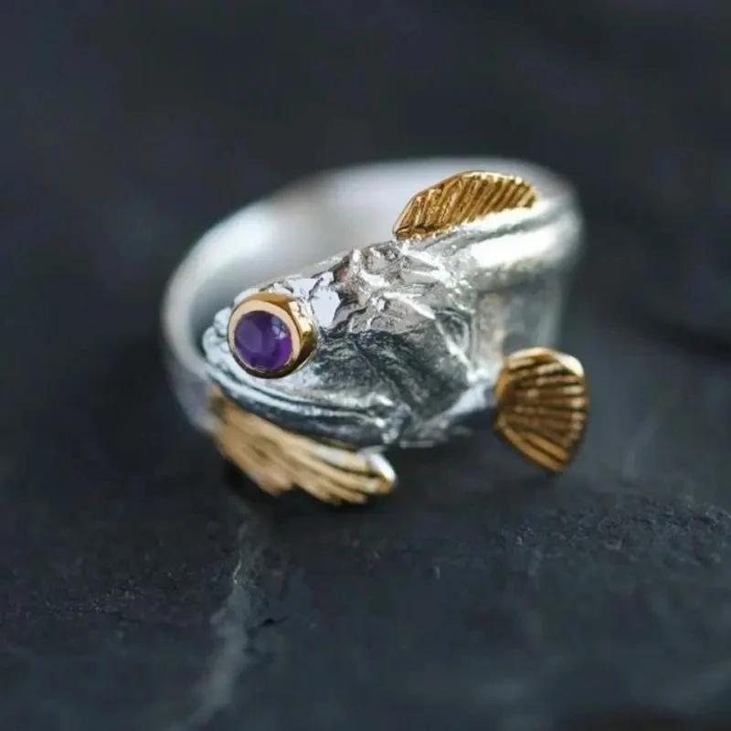 Creative Lucky Purple Eye Koi Fish Animal Opening Adjustable Ring Men's and Women's Wealth Trendy Jewelry