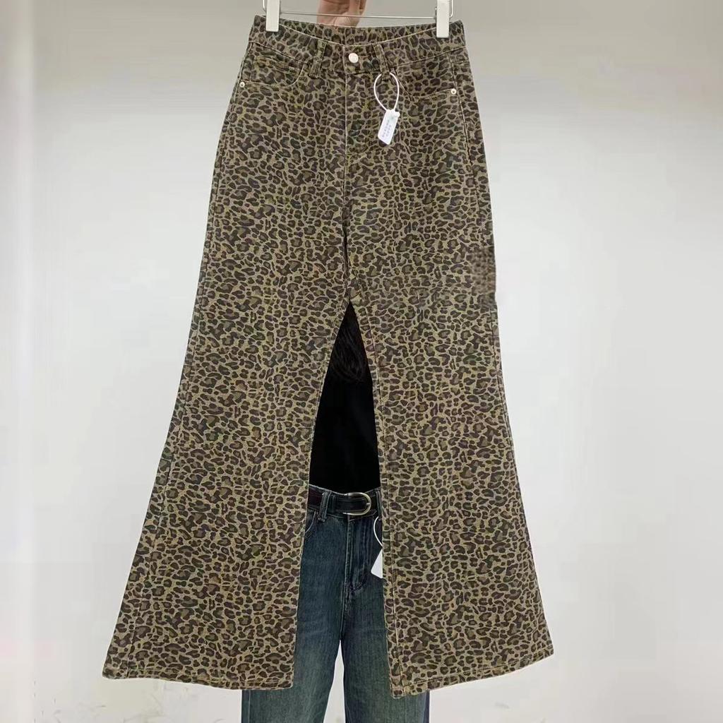 Street Leopard Print Flared Jeans High-waisted Thin Wide-legged Trailing Trousers Personality Retro Casual Trousers