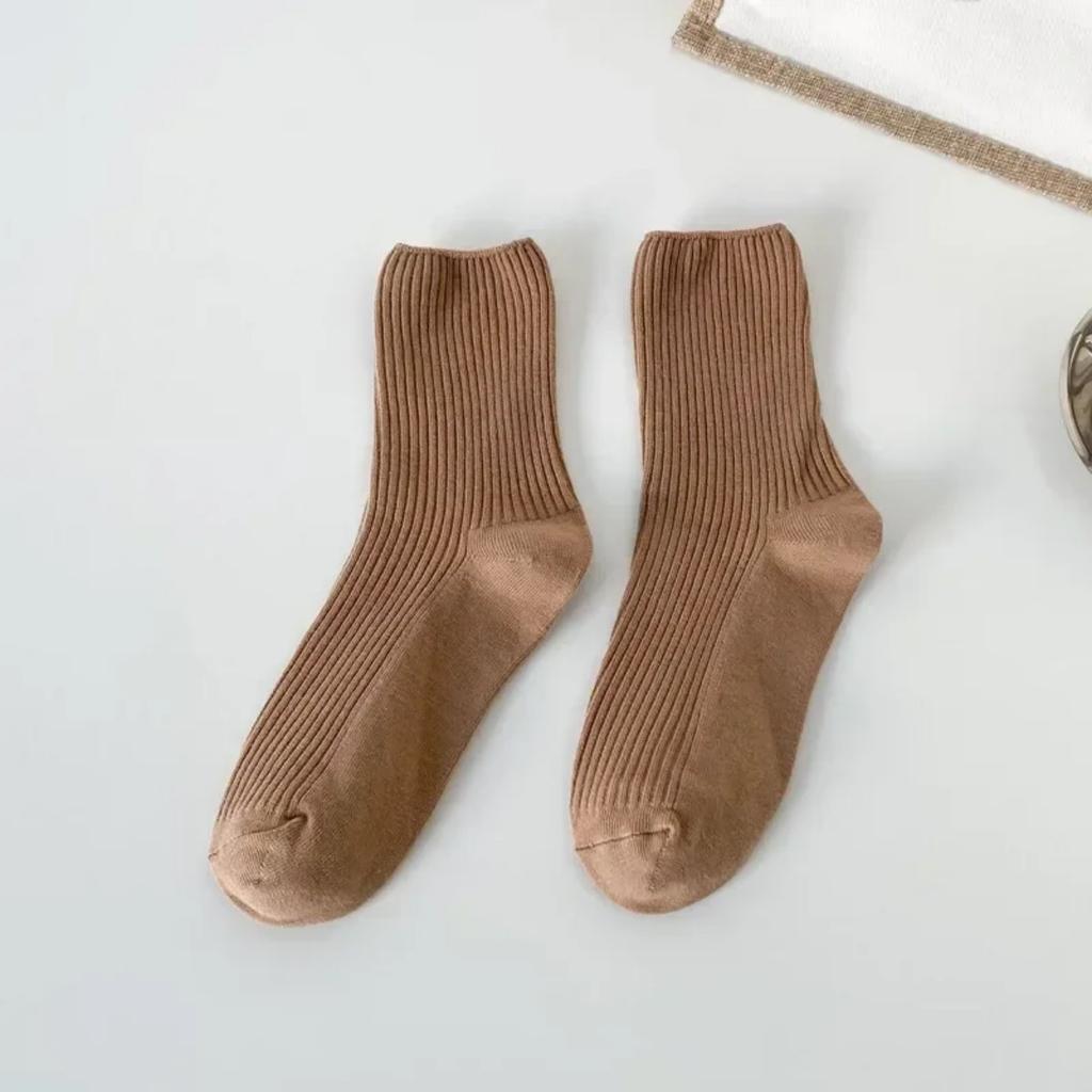 Brown Socks Women Tube Socks Pure Cotton Spring Autumn Ins Minimalist Style Solid Color Striped Stockings All-match Casual Socks