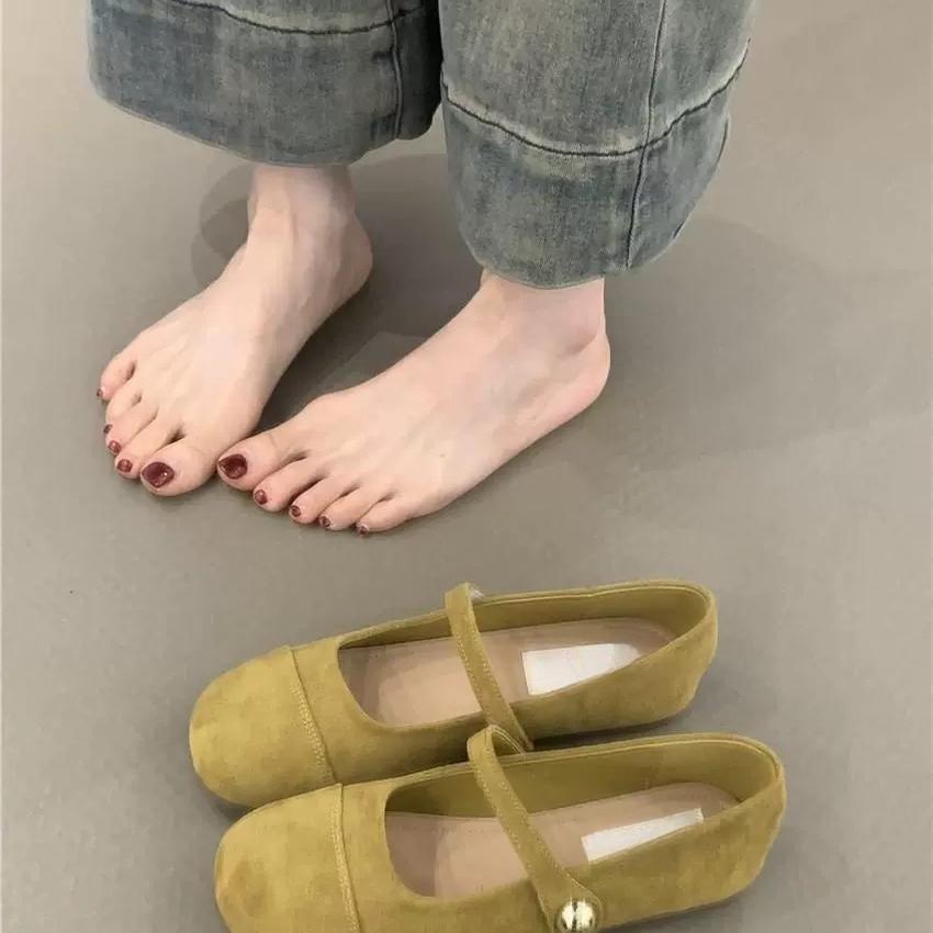 Suede Flat Mary Jane Shoes Women's Spring and Autumn Round Head One-word Belt Single Shoes Women