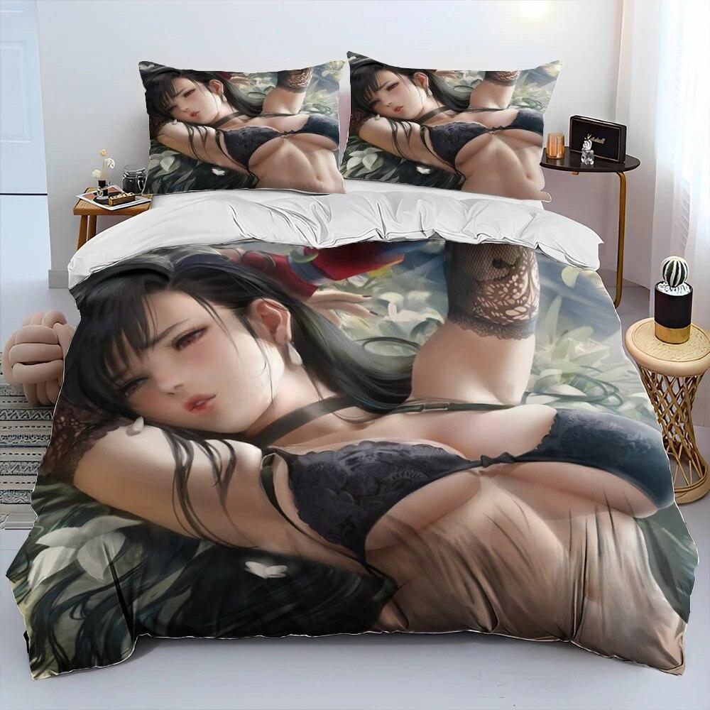 Tifa Aerith Sexy Girl Lace Cartoon Game Comforter Bedding Set,Duvet Cover Bed Set Quilt Cover Pillowcase,Queen Size Bedding Set