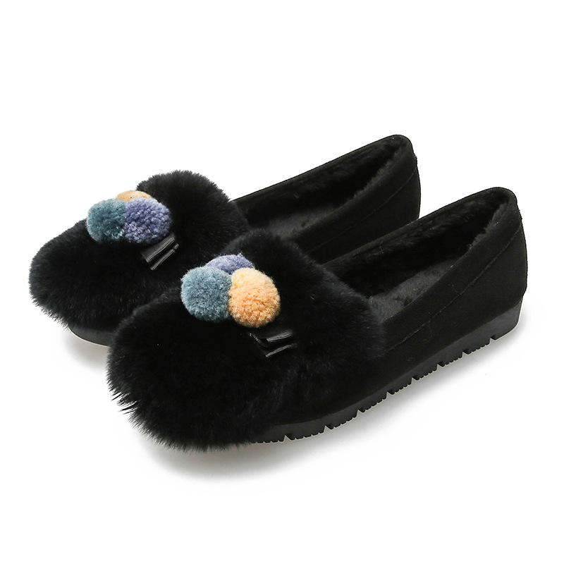 

T29 2025 осень и зима новая толстая подошва круглый носок кроличий мех замшевые туфли ленивые туфли Доудоу женские 34 чёрный