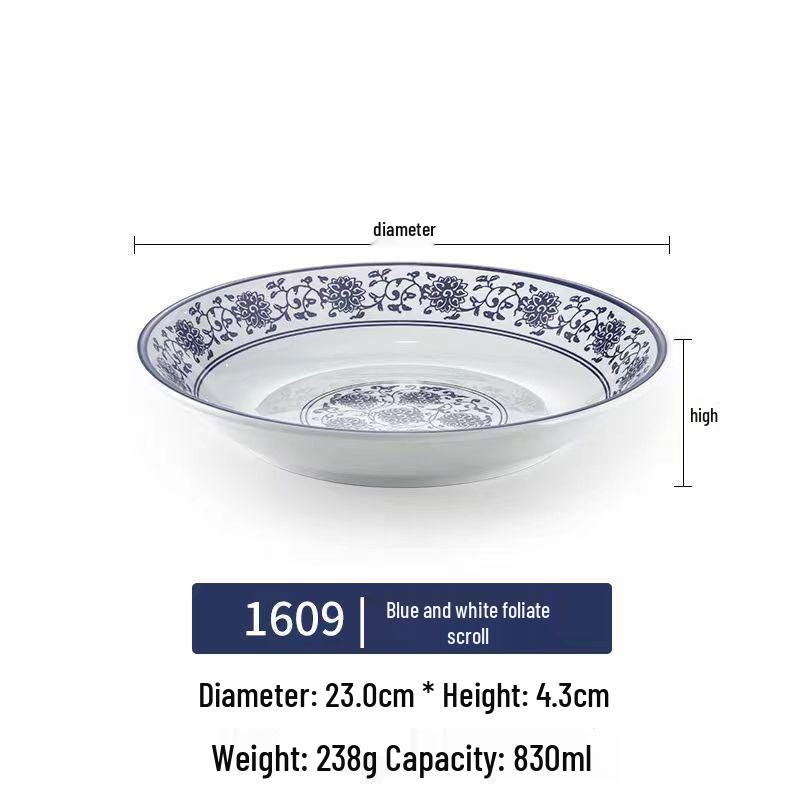 Modrobílý hluboký talíř z melaminu ve stylu porcelánu pro ryby, polévky a komerční použití
