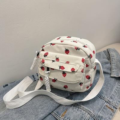 1pc Cute Strawberry Print Corduroy Mini Shoulder Bag, Casual Style Fashion Crossbody Satchel