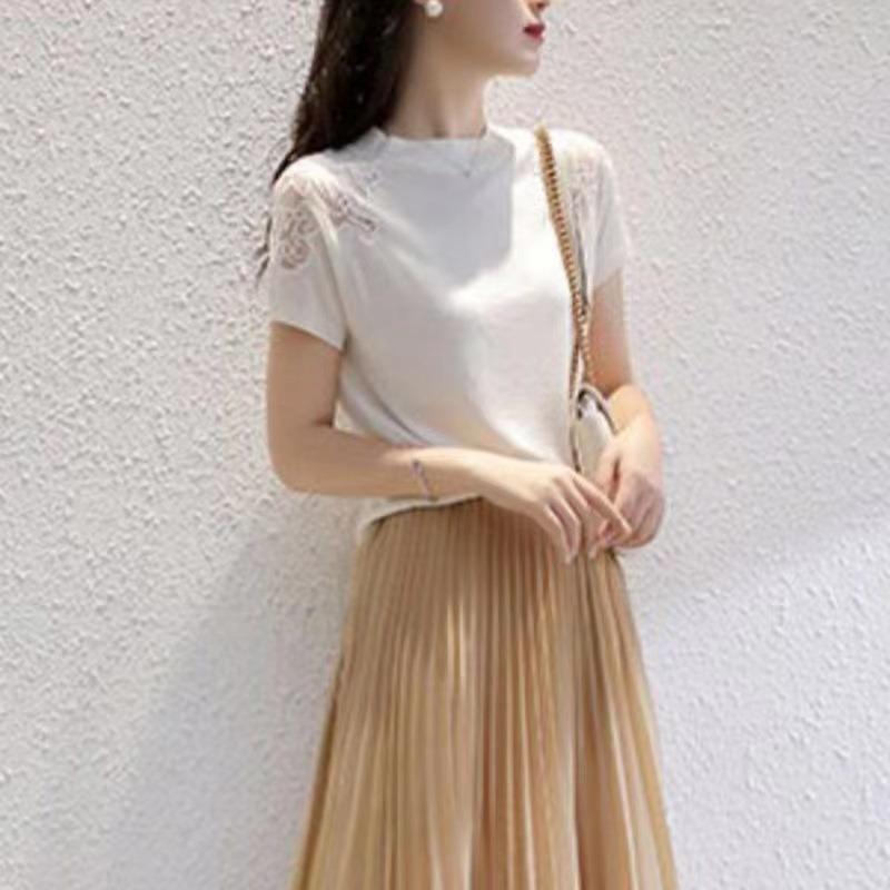 Short-sleeved women's summer new hollow mesh embroidered ice silk short-sleeved knitted top