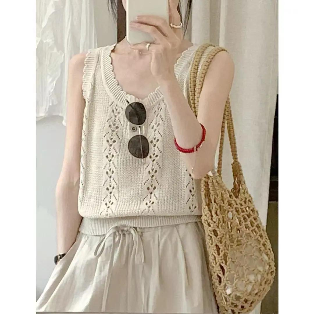 Linen Retro Sleeveless Slimming Vest - Summer Hollow Out Versatile Top Default Option