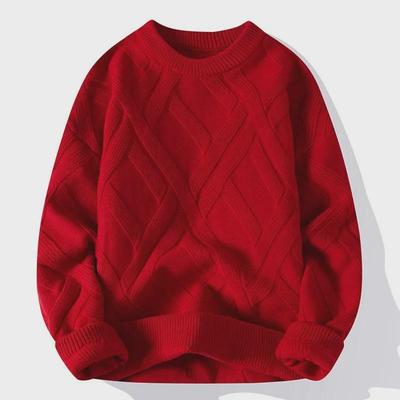 Men's Red Zodiac Round Neck Sweater - Casual Loose Fit, Trendy Thick Bottoming Sweater for Autumn and Winter.