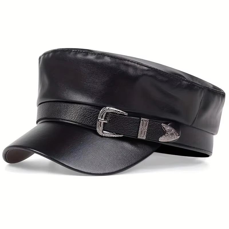 Women's punk Y2k Trendy Beret Black Pu Cool Punk Skull Spike Cap Leather Flat Top Captain Military Caps Women's Accessories