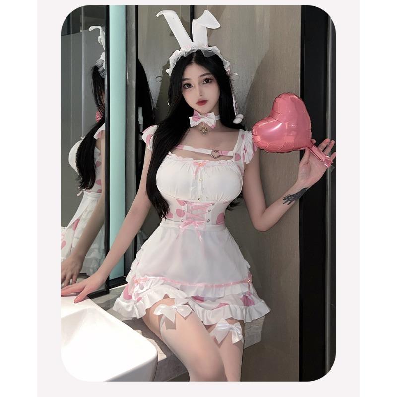 Ladies' Sexy Lingerie Sexy Pink Cow Suit Hollowed Out Maid Bunny Girl Uniform Role-playing Seductive Pure Desire Nightgown