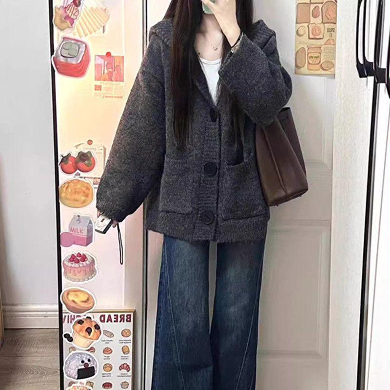 

Серый вязаный кардиган с капюшоном в корейском стиле для женщин - Толстый, свободный и уютный для осени и зимы Other