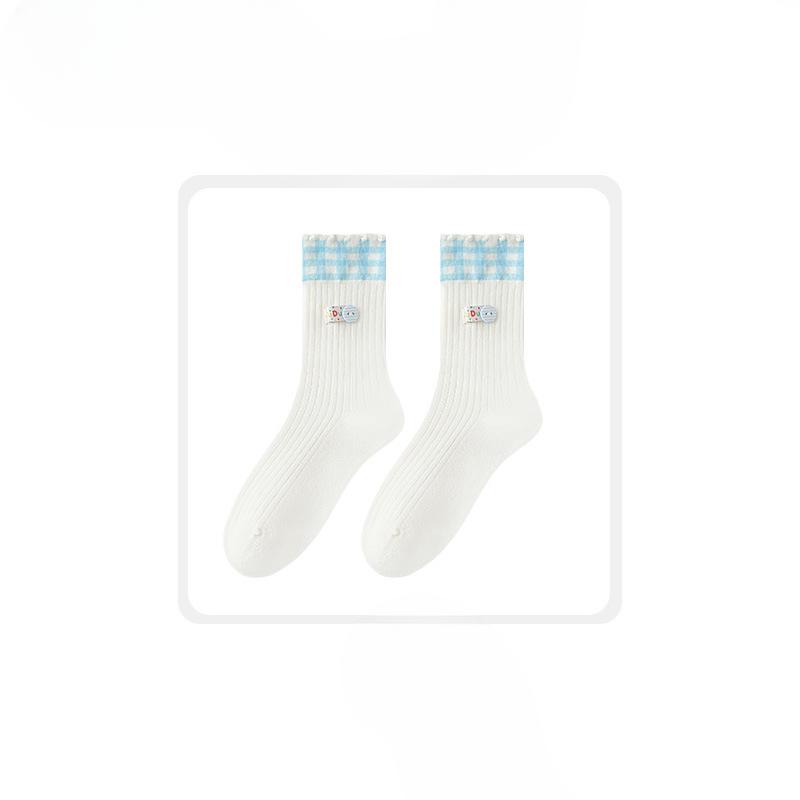 

Женские осенне-зимние новые клетчатые носки средней длины с кружевом, не скатывающиеся, сочетающихся цветов 1 pair синий