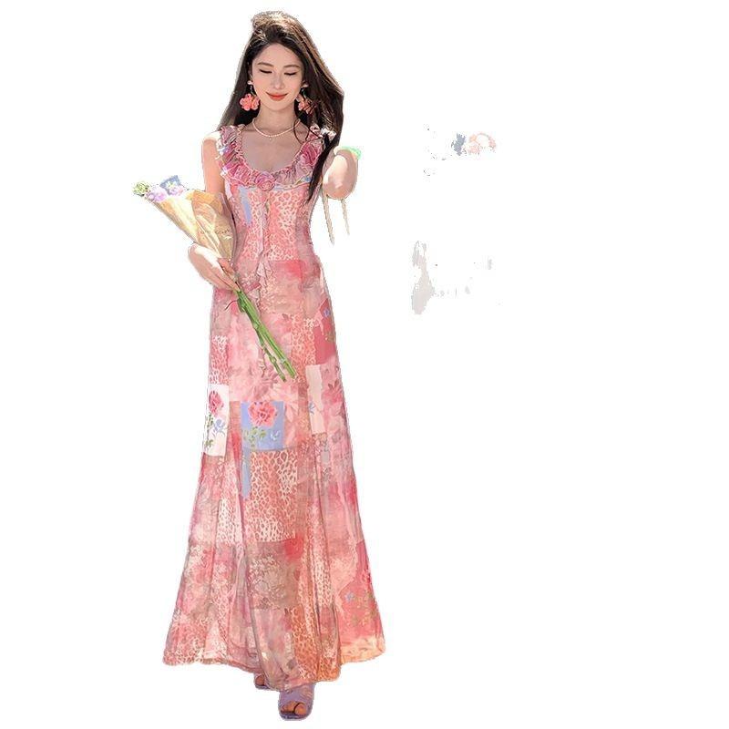French Vacation Pink Ruffle Leaf Edge Three-dimensional Flower Floral Dress Women's Summer Slim Waist Long Dress