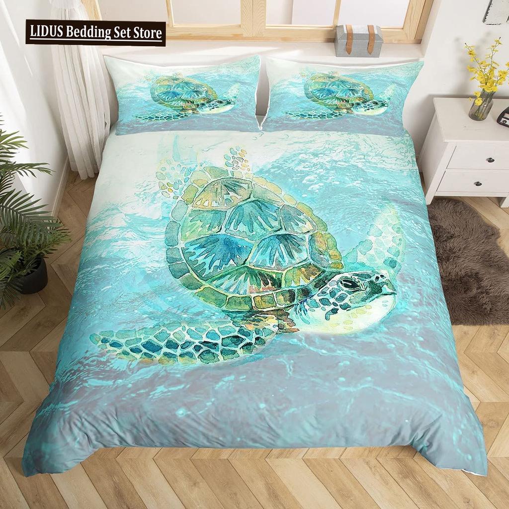 Sea Turtle Duvet Cover Set King Size Watercolor Tortoise Butterfly Comforter Cover For Boys Girly Dreaming Style Bedding Set