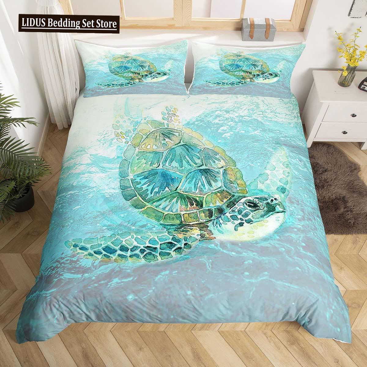 

Sea Turtle Duvet Cover Set King Size Watercolor Tortoise Butterfly Comforter Cover For Boys Girly Dreaming Style Bedding Set EU single(135x200cm)