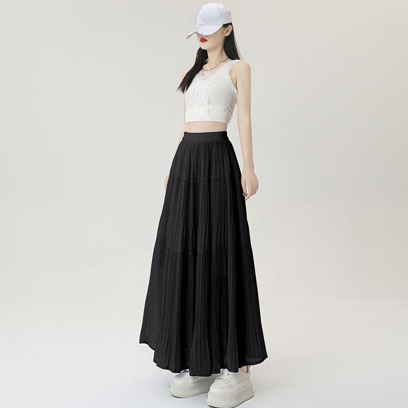 Elegant Purple Chiffon Pleated Half Skirt for Women, Summer High Waist Slim A-line Umbrella Long Swing Skirt