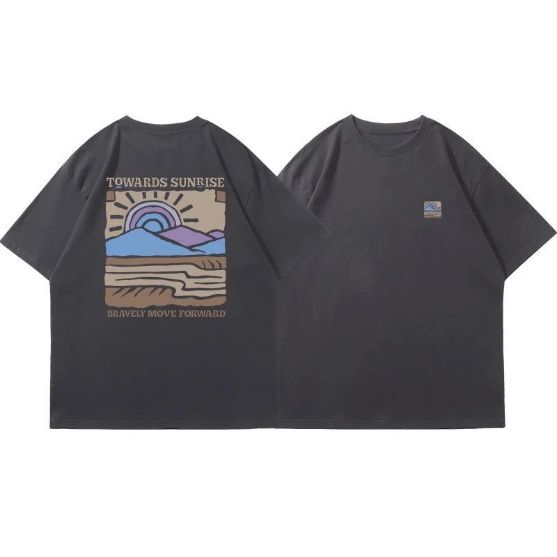 New American Retro Sun Mountain Sea and Sunrise Short-sleeved T-shirt with A Trendy and High-end Look Tops High Street Unisex