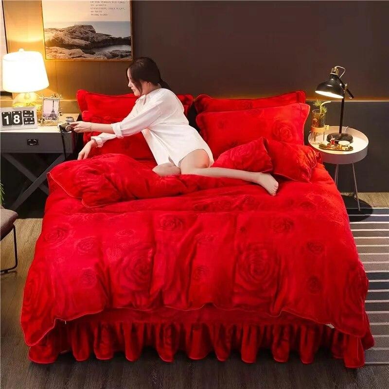 4pcs Bedding Set Fine Velvet Duvet Cover King Queen Size Thicken Quick Warm Coral Fleece Quilt Cover Bed Sheet Pillowcase