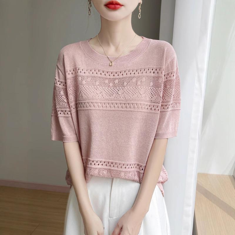 This Summer's New Hollowed-out Knitted Short-sleeved T-shirt Is A Versatile and Slimming Round-neck Top