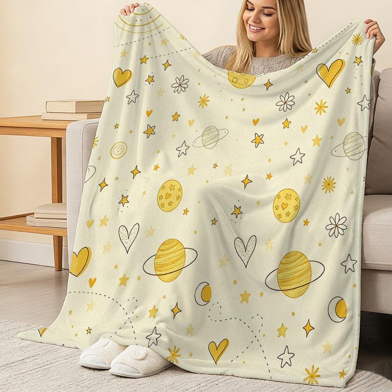 Cartoon Planet Flannel Fleece Blanket Super Soft, Warm, No Shedding, Perfect for Single Use, Home, Sofa, Bedroom, Halloween & Christmas