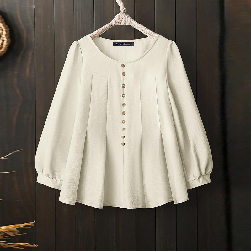 

ZANZEA Женская повседневная блузка с круглым вырезом, однотонная, свободного кроя, с длинным рукавом S