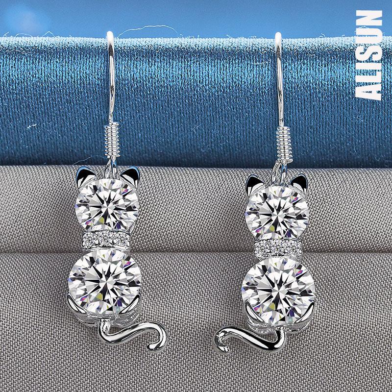 925 Sterling Silver Cat AAA Zircon Pendant Piercing Cercei Bijuterii la modă pentru nuntă