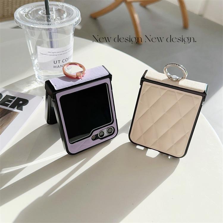 Applicable Samsung ZFlip5 Ring Holder Phone Case Galaxyzflip6 Rhombus Leather Case Fashion Case